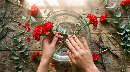 Hands Arranging Carnations With Heart Nails