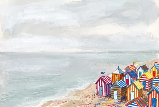 Colorful Striped Beach Cabanas Coastal Illustration