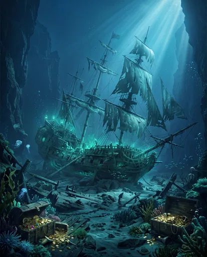 Ghostly Underwater Pirate Shipwreck and Treasure