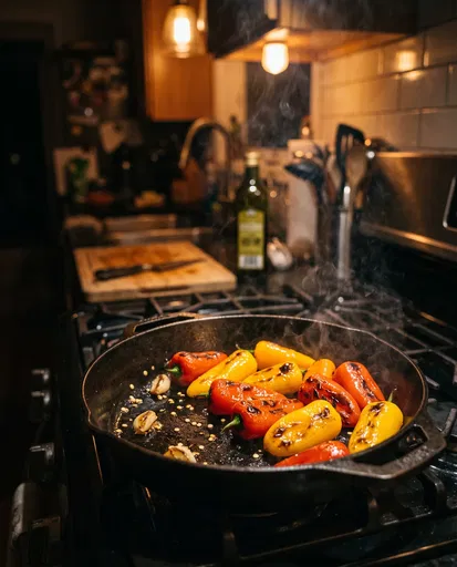 Blistering Sweet Peppers in Cast Iron Skillet