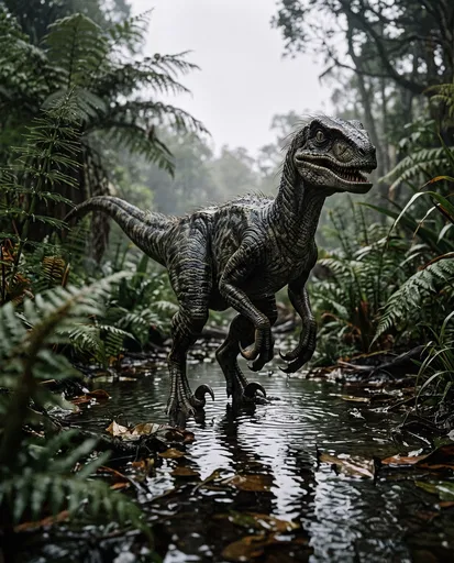 Velociraptor Standing in Shallow Forest Water