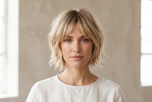 Woman With Blonde Shaggy Bob Haircut