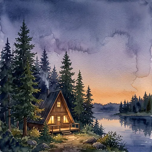 Watercolor A-Frame Cabin by Lake at Twilight