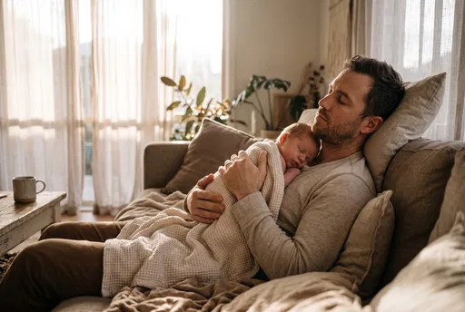 Father and Newborn Sleeping on Sofa