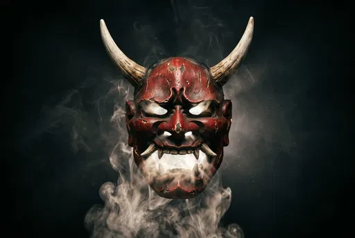 Weathered Red Oni Mask with Smoke