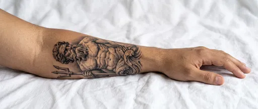 Poseidon Statue Tattoo on Man's Forearm