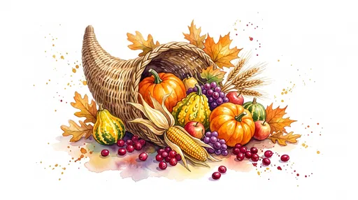 Watercolor Thanksgiving Cornucopia With Autumn Harvest
