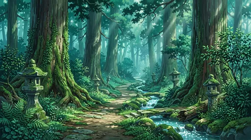Anime Enchanted Forest Path with Stone Lanterns