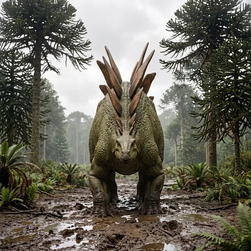 Stegosaurus Facing Camera in Muddy Forest