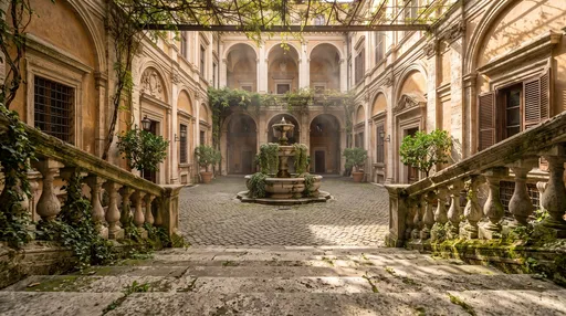 Sunlit Italian Renaissance Palazzo Courtyard with Fountain