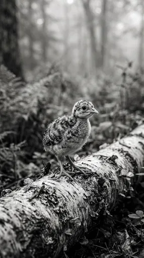 Monochrome Turkey Poult on Birch Log