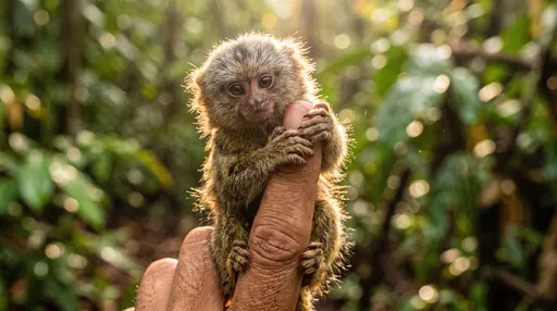 Tiny Pygmy Marmoset Gripping Human Finger