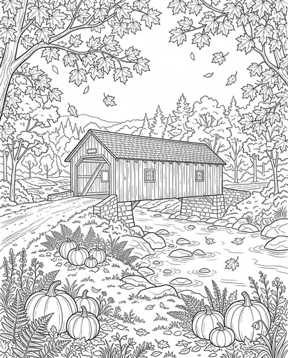 Autumn Covered Bridge Coloring Page