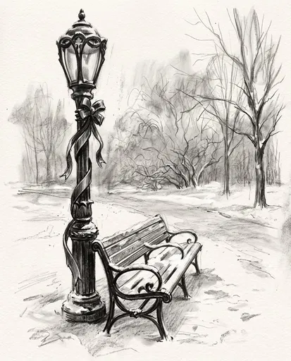 Charcoal Sketch of Winter Streetlamp and Bench