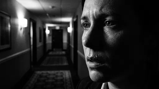 Sweating Face in Dark Hotel Corridor