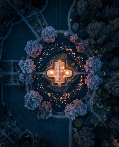 Aerial Night View of Glowing Conservatory
