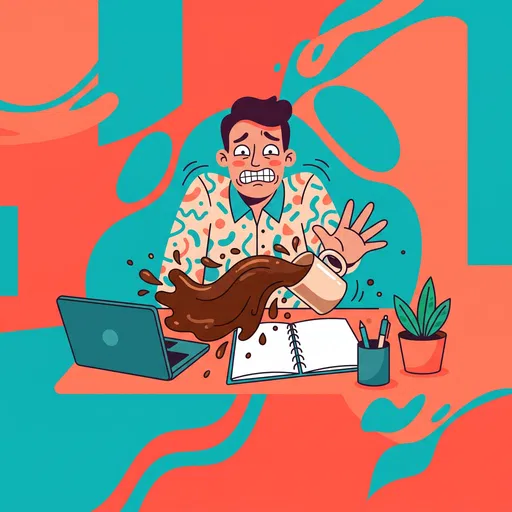 Cartoon Man Spilling Coffee at Desk