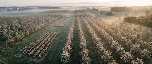Misty Sunrise Over Blooming Spring Orchard