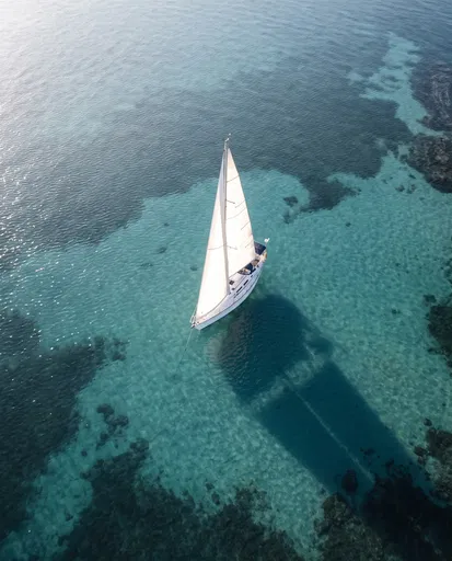 Aerial View of Sailboat in Turquoise Water
