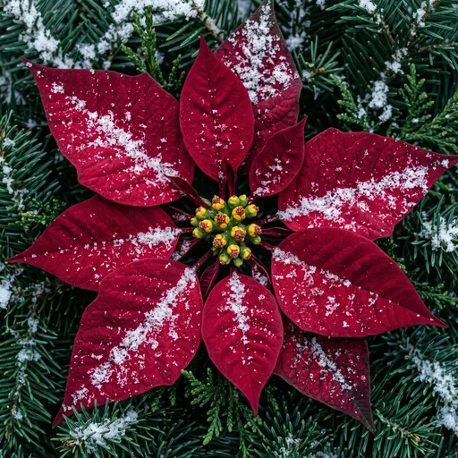 Snow-Dusted Crimson Poinsettia on Fir Branches