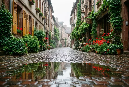 Rainy European Cobblestone Street With Flowers