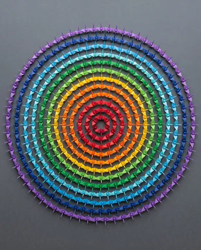 Rainbow Origami Cranes in Concentric Circles