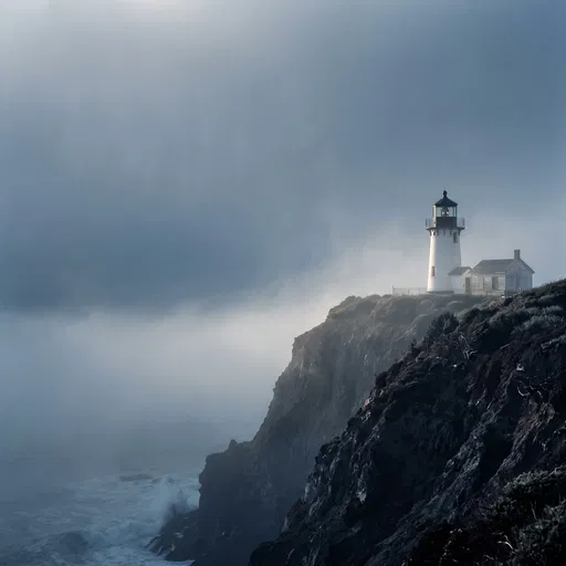 White Lighthouse on Foggy Coastal Cliff