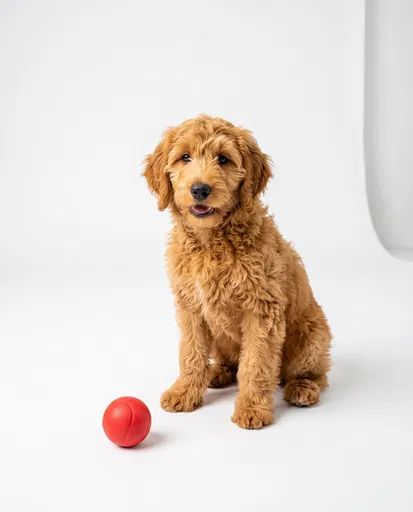 Golden Labradoodle Puppy With Red Ball