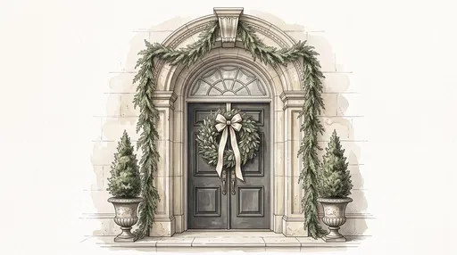 Holiday Decorated Stone Doorway Watercolor Illustration