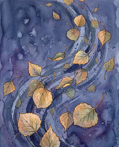 Swirling Autumn Leaves on Blue Watercolor