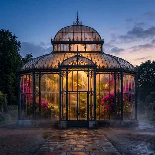 Glowing Victorian Greenhouse at Twilight