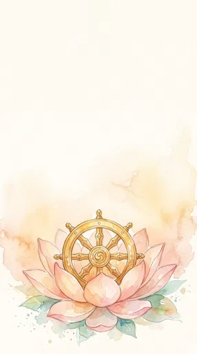 Watercolor Golden Dharmachakra Wheel in Lotus Flower