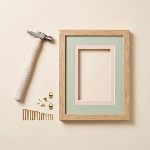 Flat Lay of Picture Frame and Hammer