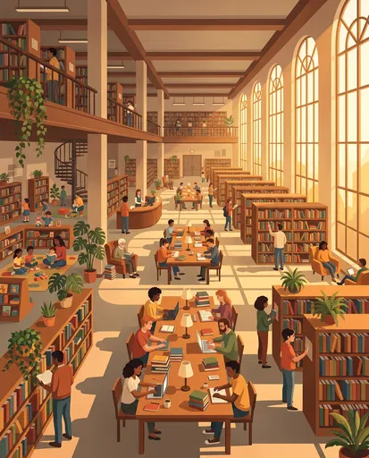 Warm Sunlight Public Library Interior Illustration
