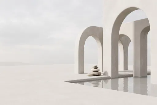 Minimalist Plaster Arches and Zen Stones