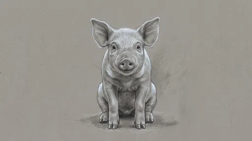 Graphite and Chalk Sitting Piglet Illustration