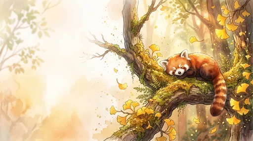 Watercolor Sleeping Red Panda on Branch