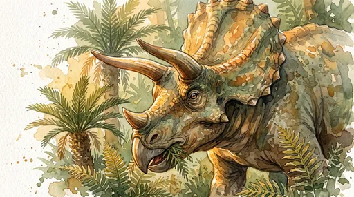 Watercolor Triceratops Eating Prehistoric Cycads
