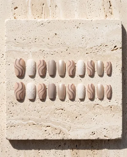 Neutral Winter Press-On Nails on Travertine