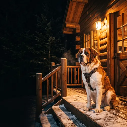 Saint Bernard Sitting on Cabin Porch