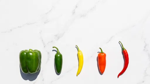 Five Peppers Graded By Heat On Marble