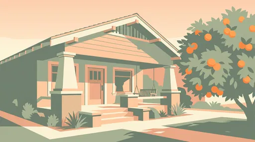 Pastel Craftsman Bungalow and Orange Tree Illustration