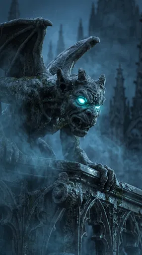 Stone Gargoyle With Glowing Cyan Eyes