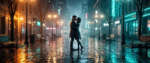 Stylized Couple Kissing on Rainy City Street
