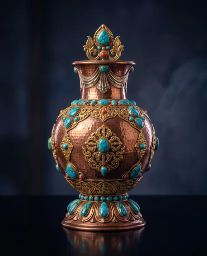 Ornate Tibetan Copper and Turquoise Treasure Vase