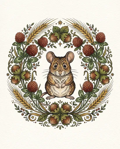 Folk Art Woodland Mouse in Botanical Wreath