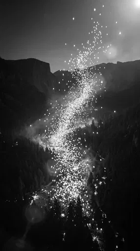 Monochrome Sky Lanterns Above Mountain Valley