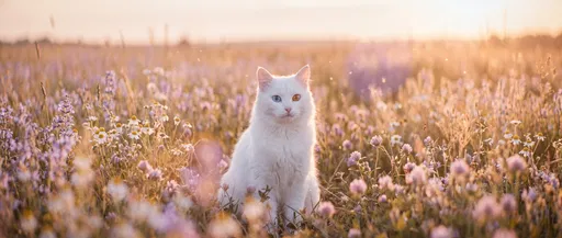 White Odd-Eyed Cat in Sunset Meadow