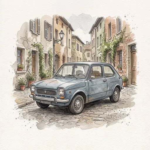 Watercolor Illustration of Classic Blue Hatchback
