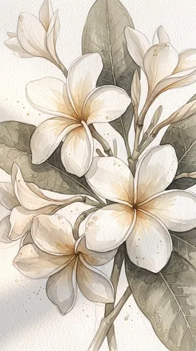 Neutral Watercolor Plumeria Botanical Illustration